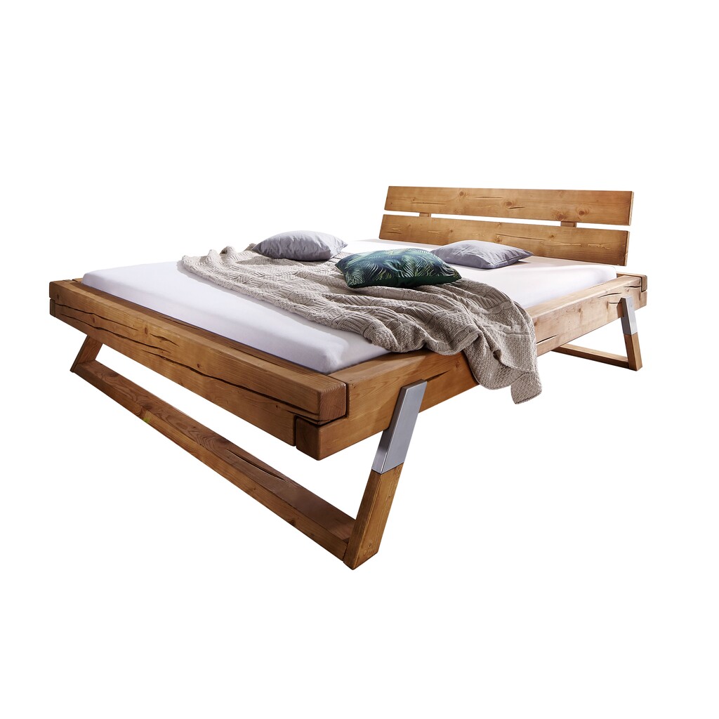 Balkenbett aus Massivholz Kiefer Odense mit Holz Kopteil Preview Image