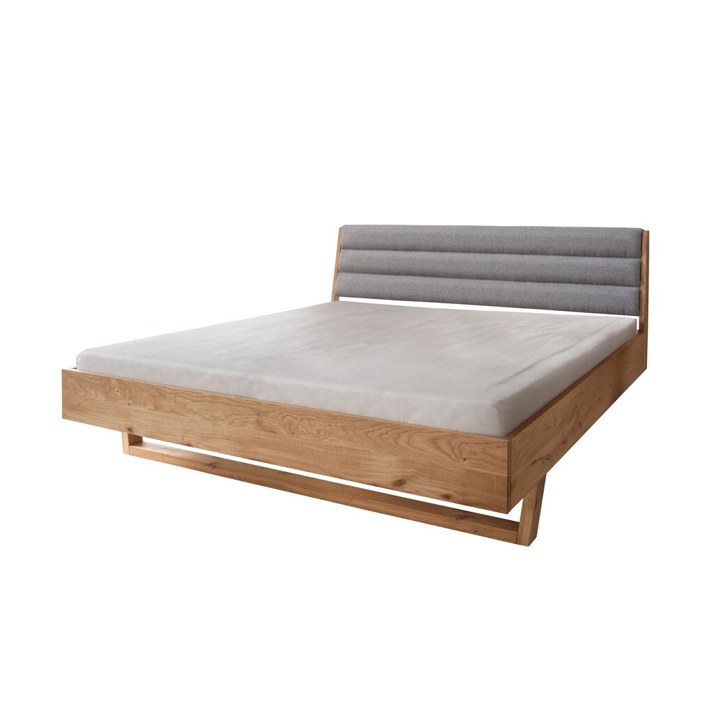 Massivholz Doppelbett Vejle III Wildeiche mit Holzkufe Polsterkopfteil Preview Image