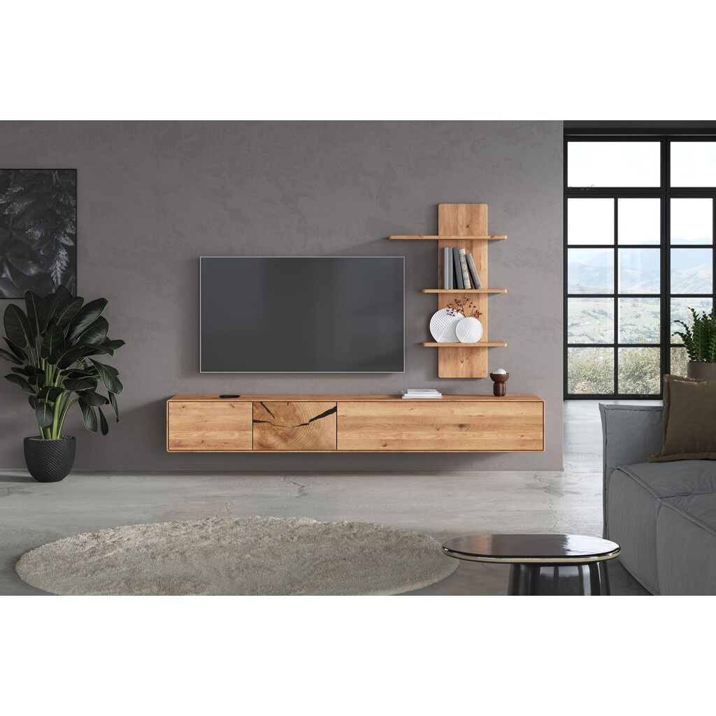 Wohnwand Massivholz II Herning Wildeiche mit Hirnholz Maserung Preview Image