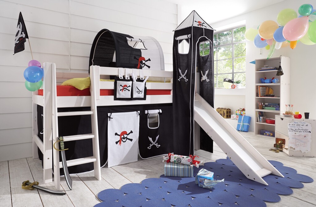 Halbhochbett mit Absturzsicherung, Rutsche und schräger Leiter Preview Image
