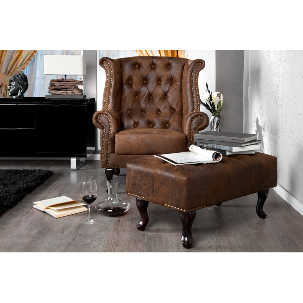 Fußhocker CHESTERFIELD Antik-Look Microfaser braun Preview Image