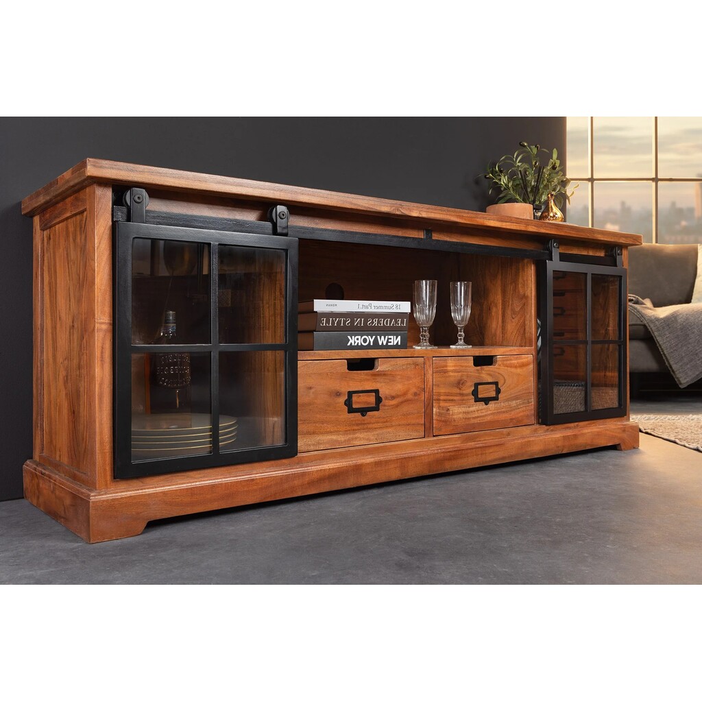 Lowboard Vitrine Heritage Metall Schiebetüren Akazienholz Bild 4