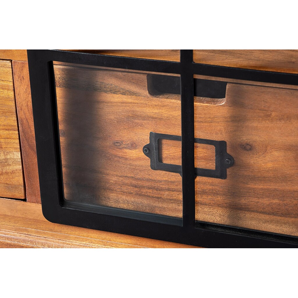 Lowboard Vitrine Heritage Metall Schiebetüren Akazienholz Bild 7