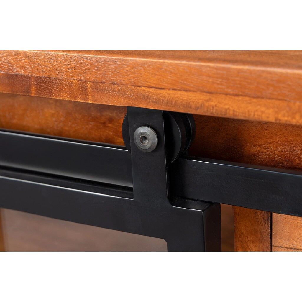 Vitrine Heritage schwarz Metall Schiebetüren Akazienholz Bild 4