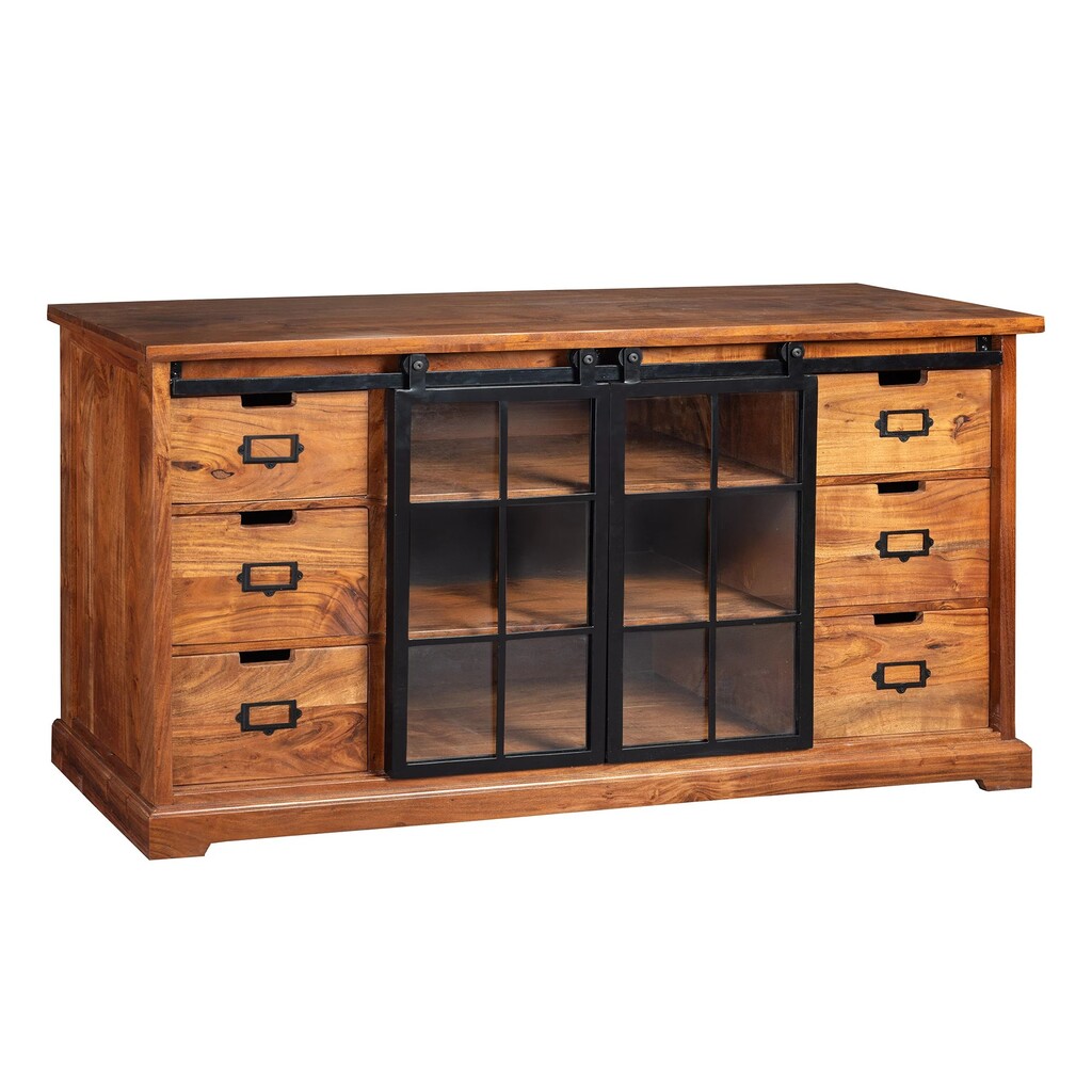 Vitrine Heritage schwarz Metall Schiebetüren Akazienholz Preview Image