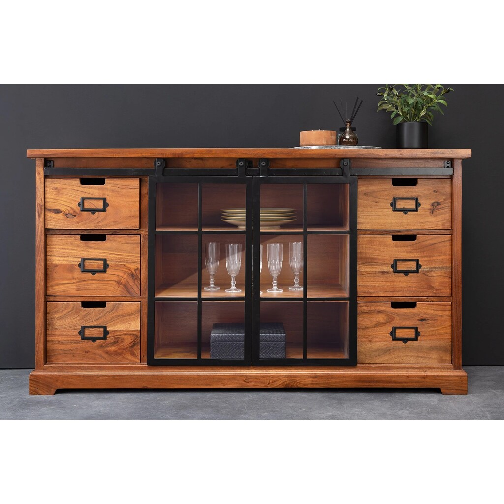 Vitrine Heritage schwarz Metall Schiebetüren Akazienholz Preview Image