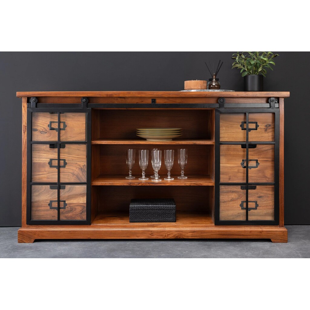 Vitrine Heritage schwarz Metall Schiebetüren Akazienholz Bild 5