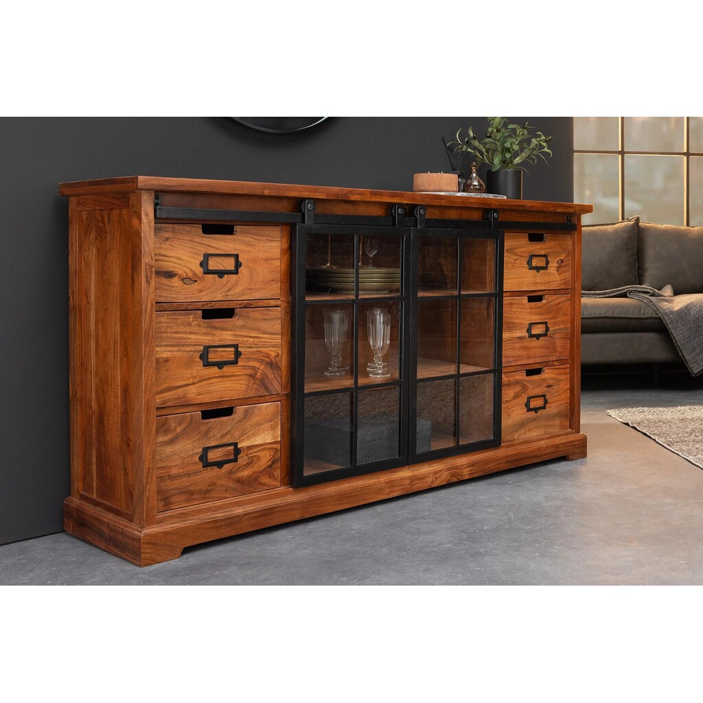Vitrine Heritage schwarz Metall Schiebetüren Akazienholz Bild 6