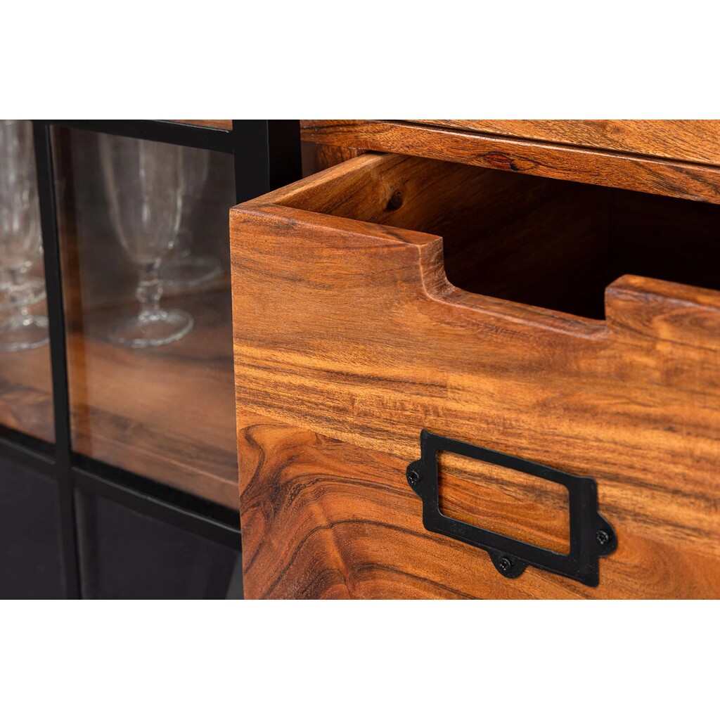 Vitrine Heritage schwarz Metall Schiebetüren Akazienholz Bild 7