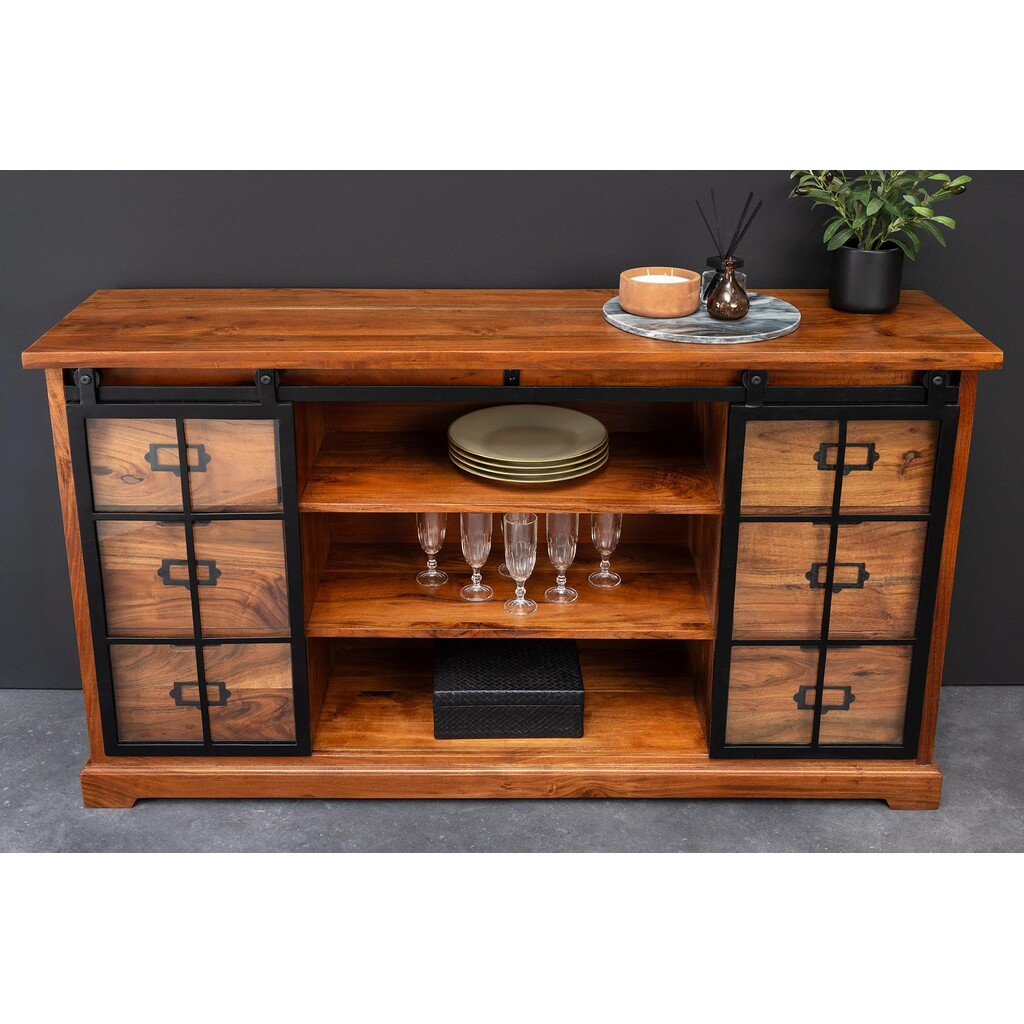 Vitrine Heritage schwarz Metall Schiebetüren Akazienholz Bild 8