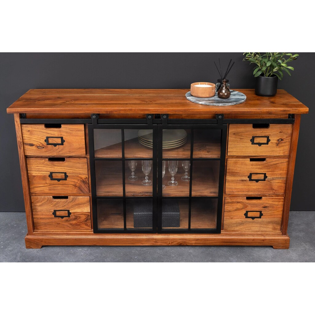 Vitrine Heritage schwarz Metall Schiebetüren Akazienholz Bild 9