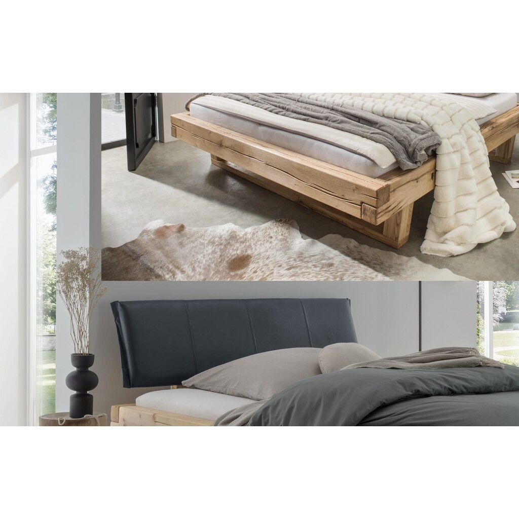 Cinall Unika Balkenbett Doppelbett mit Leder Kopfteil und Holz Kufe Preview Image
