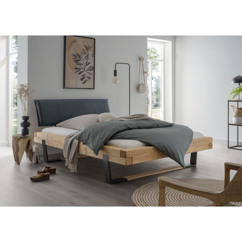 Cinall Unika Balkenbett Doppelbett mit Lederkopfteil und Holz-Metall Fuss Preview Image