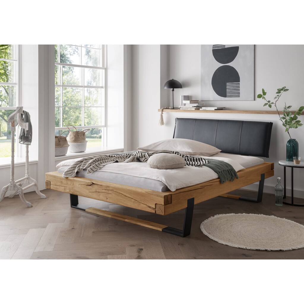 Cinall Unika Balkenbett Doppelbett mit Lederkopfteil und Holz-Metall Fuss Preview Image
