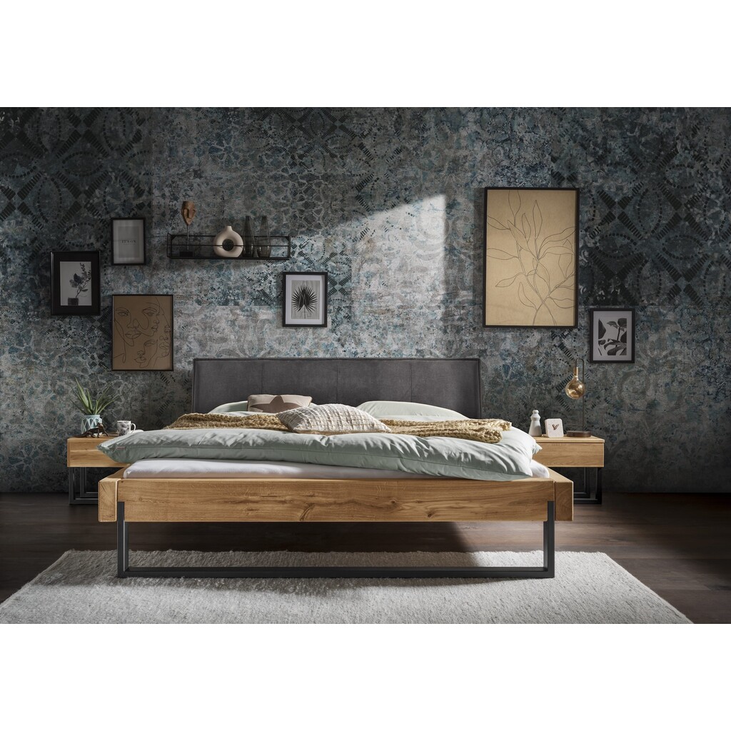 Balkenbett Ebeltoft V - Wildeiche Massivholz mit Stoff-Kopfteil Preview Image