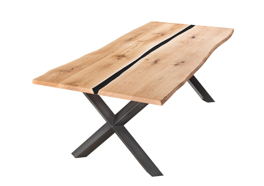TPT Harztisch mit natürlicher Baumkante und Diagonal X-Form Metallgestell Preview Image