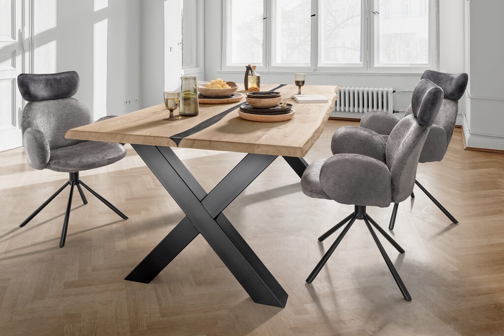 TPT Harztisch mit natürlicher Baumkante und Diagonal X-Form Metallgestell Preview Image