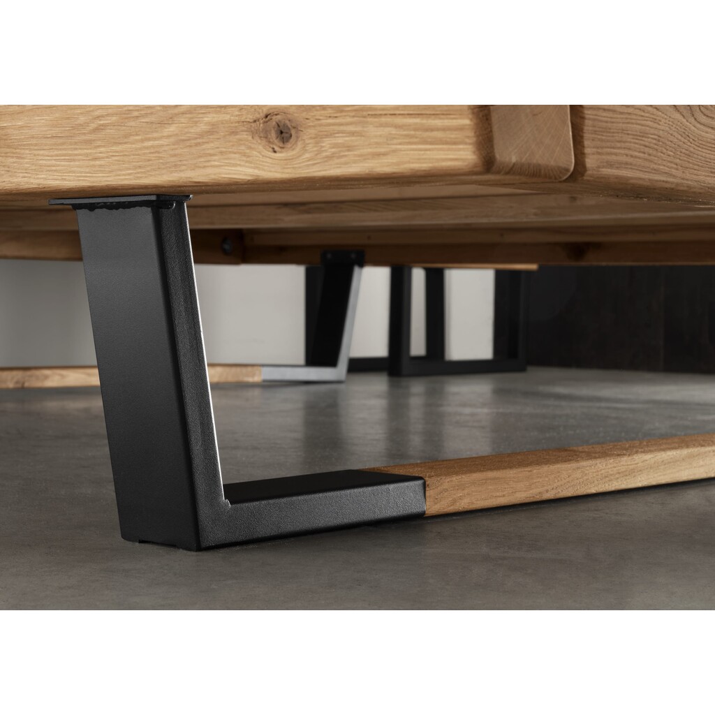 Massivholzbett Ebeltoft II – Balkenbett Wildeiche, beleuchtete Baumkante, Kombikufe Preview Image