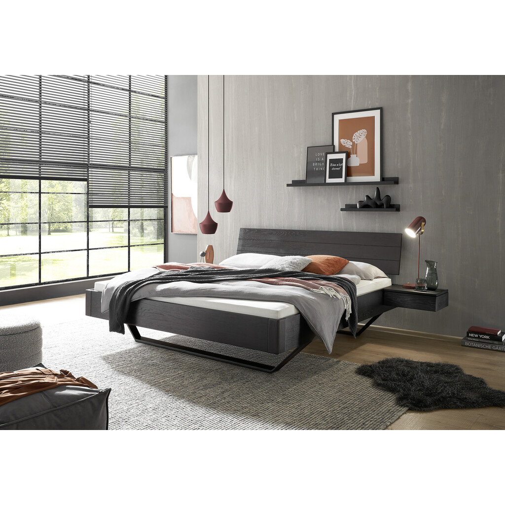 TPT Schwarzes Balkenbett Black Edition – Massives Wildeiche Doppelbett mit Metallkufe Preview Image