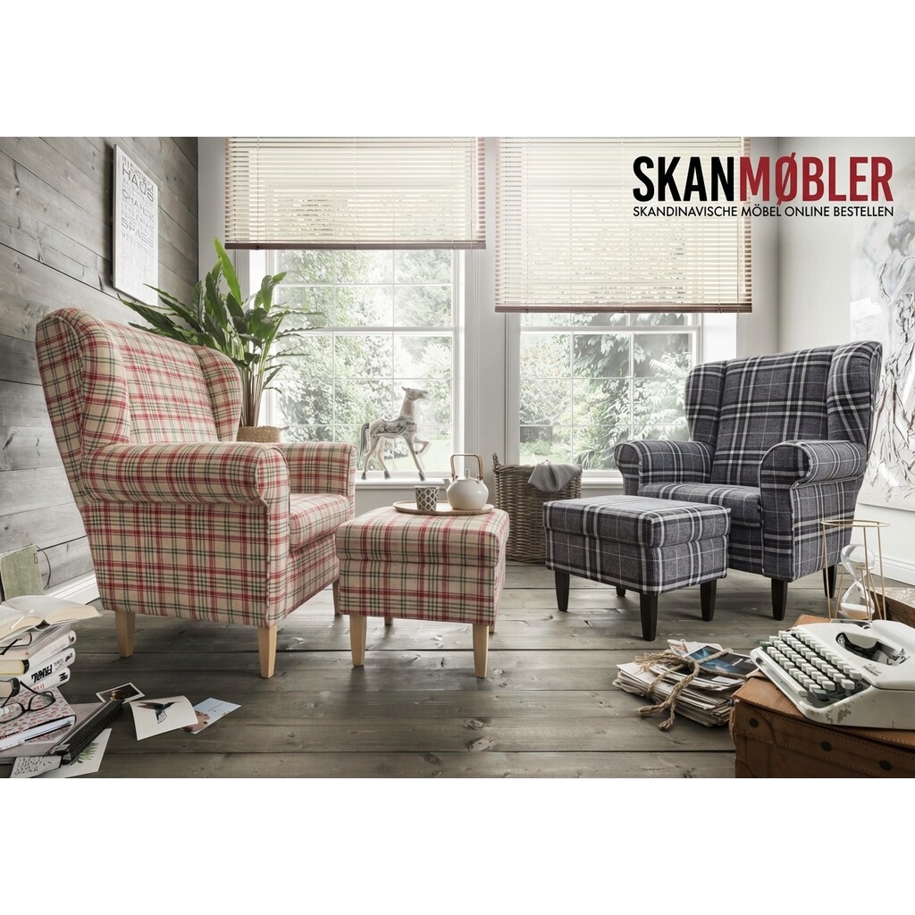 Edmondo Ohrensessel mit Hocker im Landhausstil Karo | Wohnglücklich Preview Image