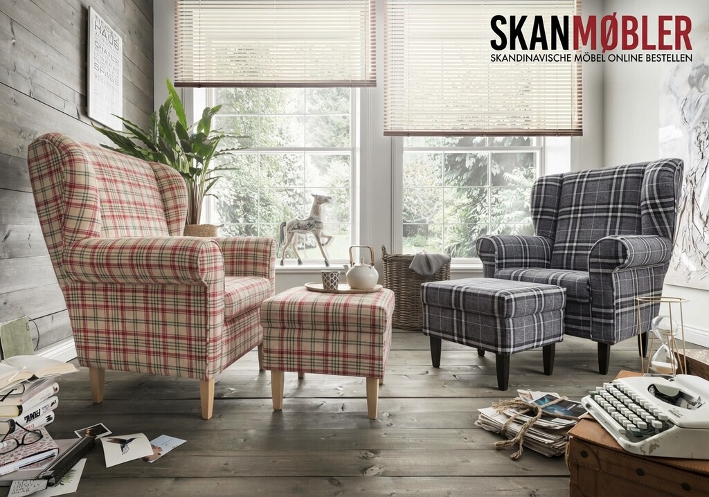 Edmondo Ohrensessel mit Hocker im Landhausstil Karo | Wohnglücklich Preview Image