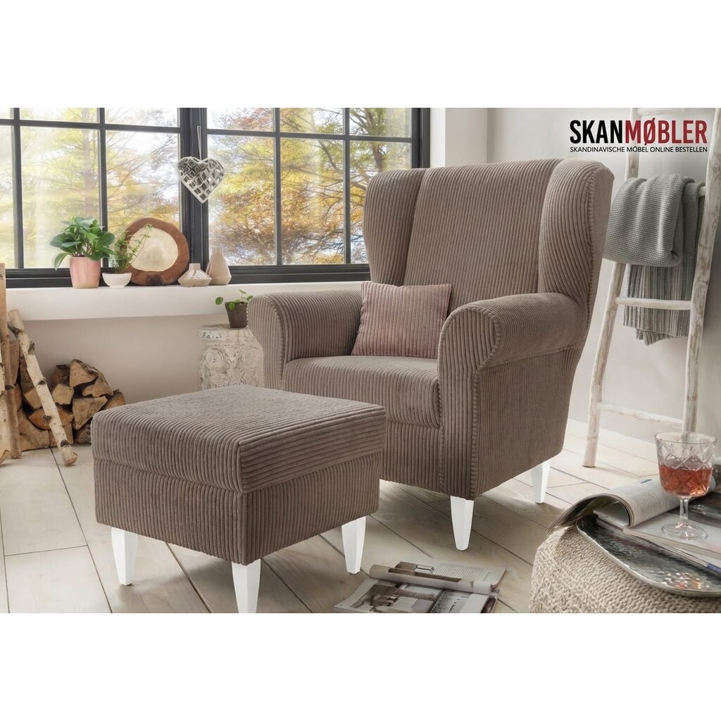 Solitär Ohren-Sessel mit Hocker Edmondo aus Cord Bild 5