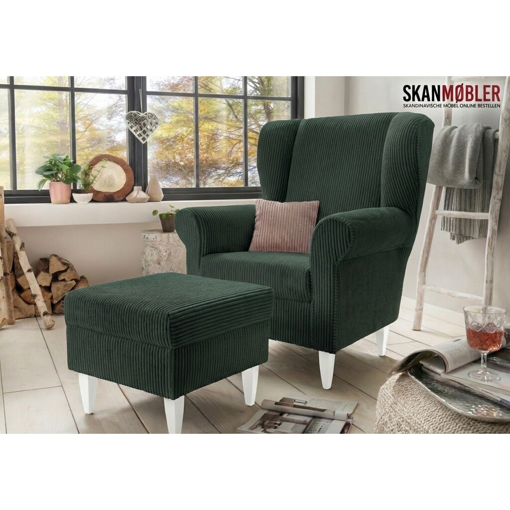 Solitär Ohren-Sessel mit Hocker Edmondo aus Cord Bild 7