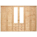 Kleiderschrank Vita mit Kassettenfront 6-türig, 2 Spiegeltüren und 6 Schubladen 315 x 62 x 224 cm, gelaugt